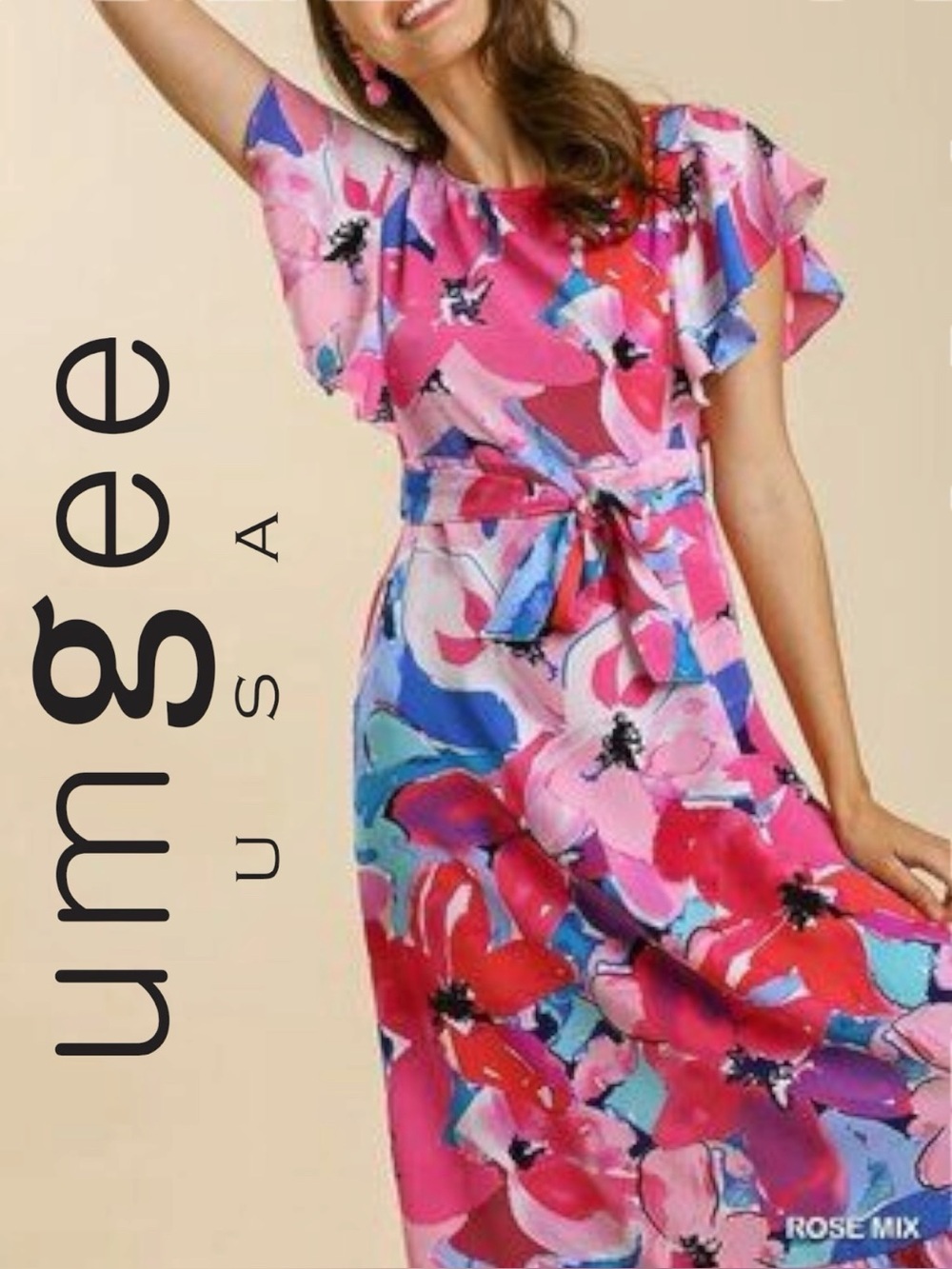 New Umgee Floral Mix Maxi Dress Size Small Feminine Bold Pink & Blue Floral Belt